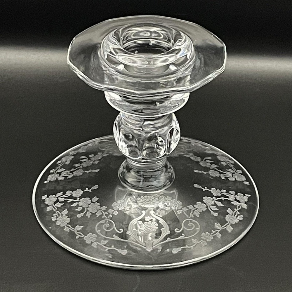 Vintage Cambridge Diane Floral Etched Clear Glass Candlestick Holder 1932-1956